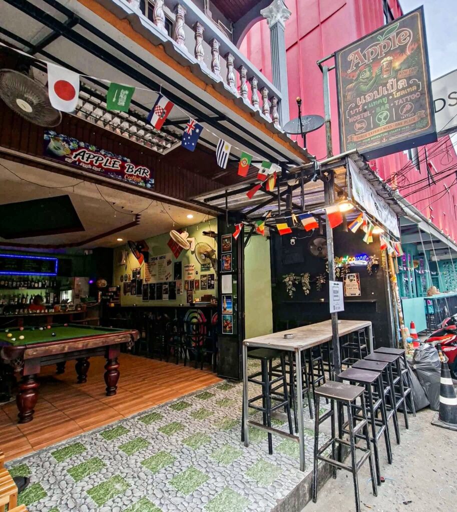 Open-front entrance and seating at Apple Bar in Sairee, Koh Tao.