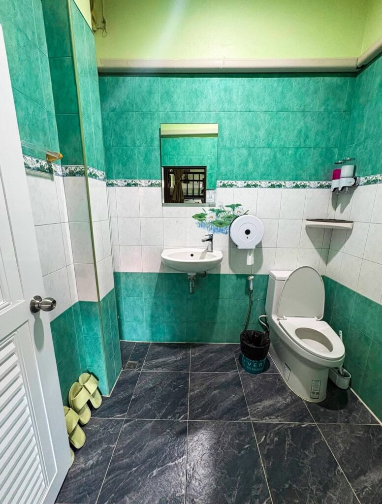 Shared hostel bathroom with green wall tiles, shower and toilet.